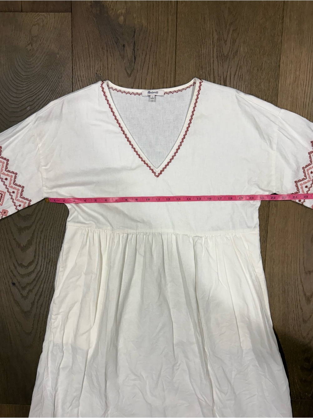 Madewell Embroidered-Sleeve Popover Linen Cotton Midi Dress White Rust Red - Picture 8 of 9